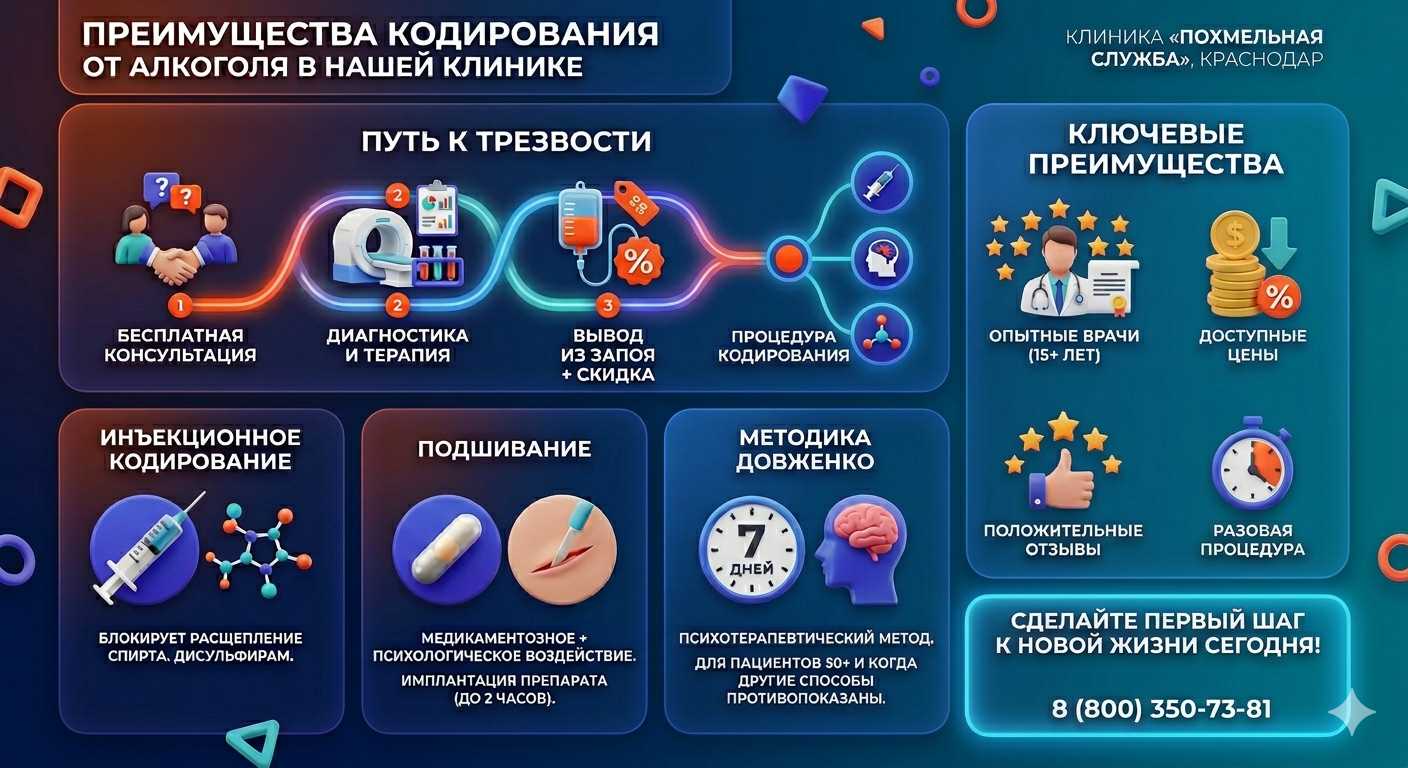 Инфографика о методах кодирования от алкоголя в Новоорске: инъекции, подшивание, метод Довженко. Преимущества клиники и этапы лечения.