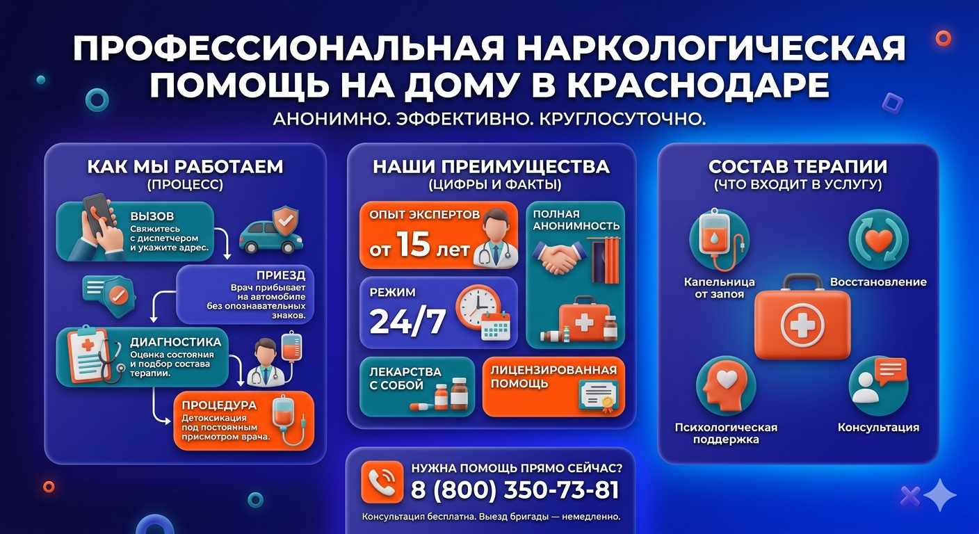 Инфографика о принципах лечения алкоголизма на дому в Новоорске: этапы вызова нарколога, преимущества анонимной детоксикации и состав медицинской помощи.